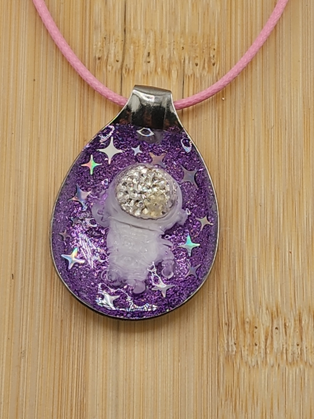 18in Adjustable Purple Glitter Astronaut Teardrop Pendant Necklace